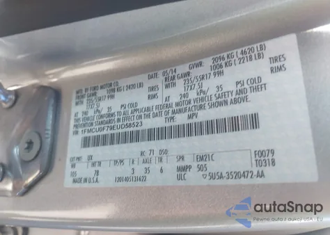 2014 Ford Escape S z USA, uszkodzony, nr VIN 1FMCU0F79EUD58523